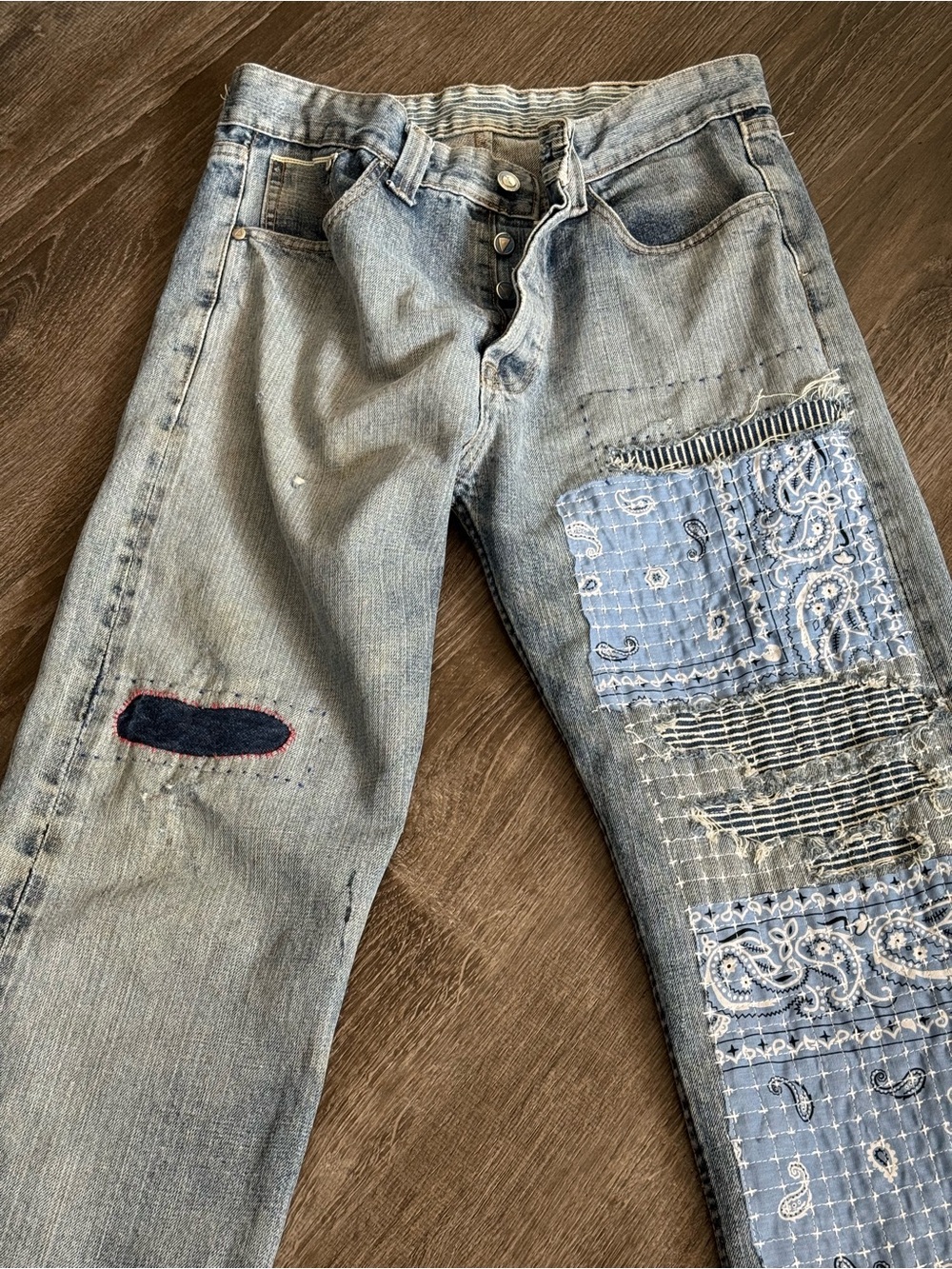 Upcycled Levi's Light Blue Distressed Straight Jeans with patchwork